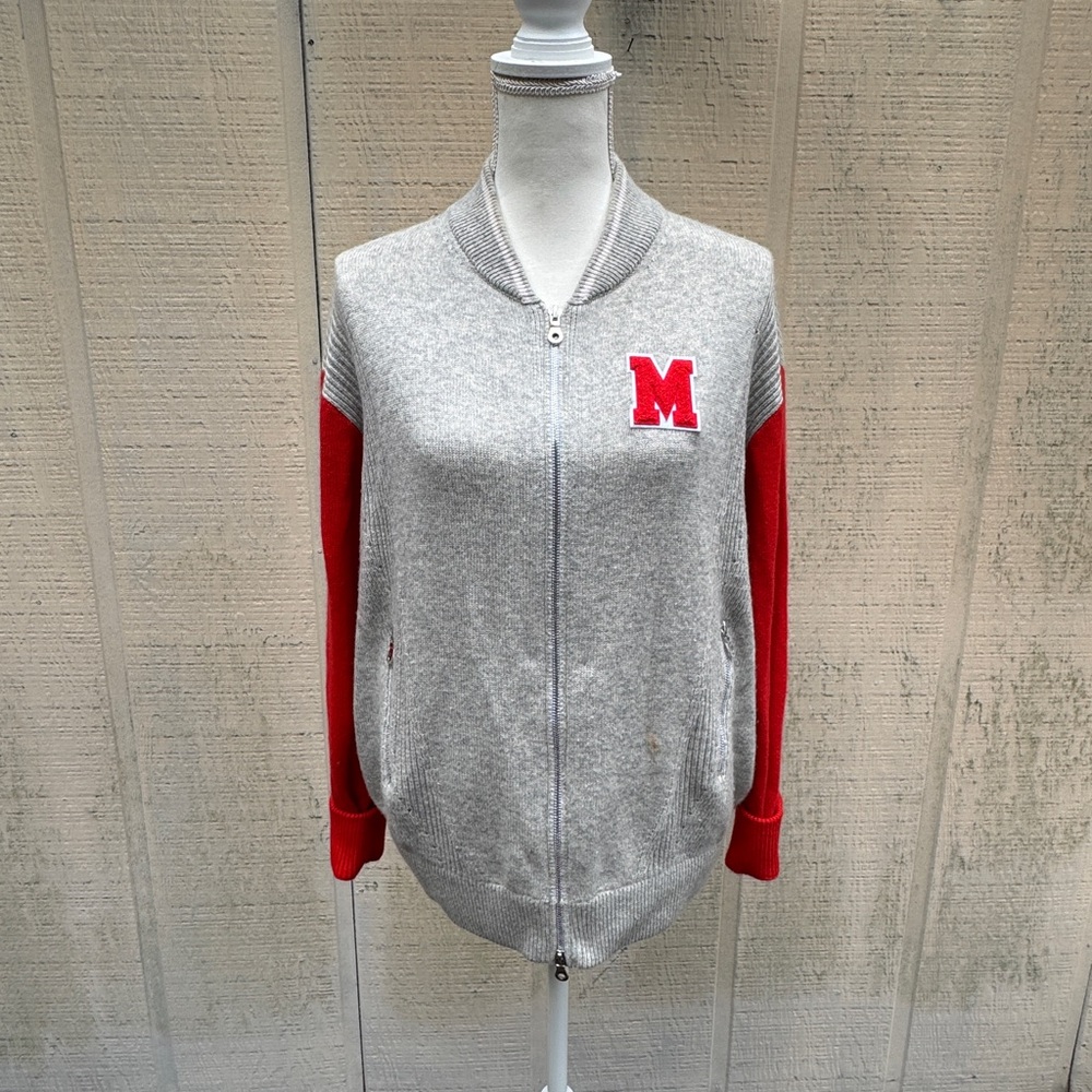 Movetes Gray and Red Cashmere Zip Front Cardigan Sweater Varsity Style Jacket